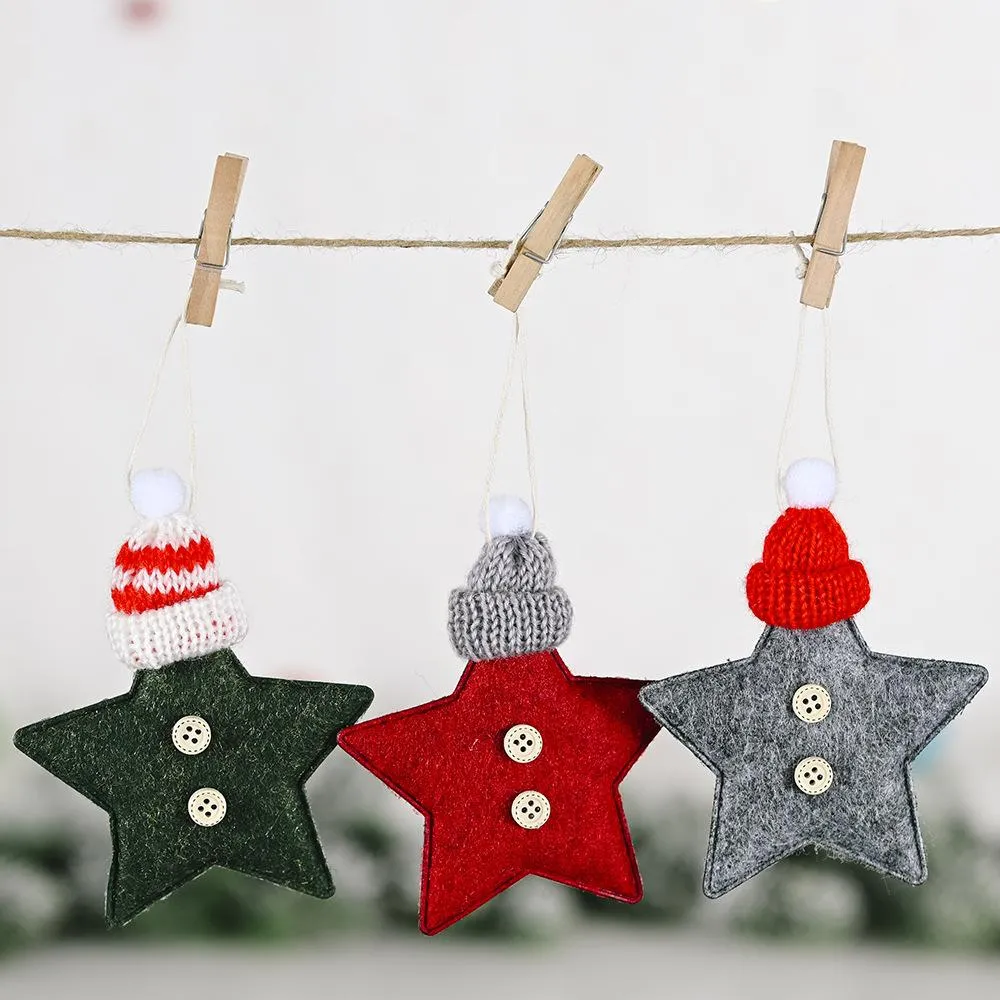 Stock Christmas Knitted Hat Star Hanging Pendant Christmas Tree Hanging Felt Star Ornaments for Christmas Party Fireplace Decor