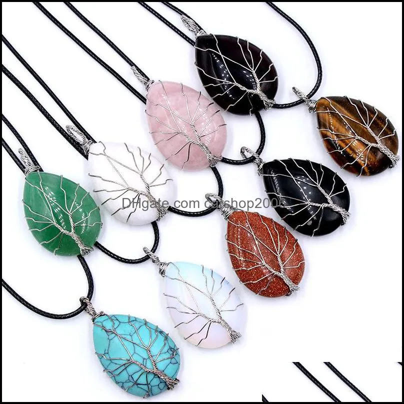 Pendant Necklaces Healing Crystal Natural Stone Charms Twine Tree Of Life Wire Wrap Turquoise Tiger Eye Lrose Quar Carshop2006 Dhwec