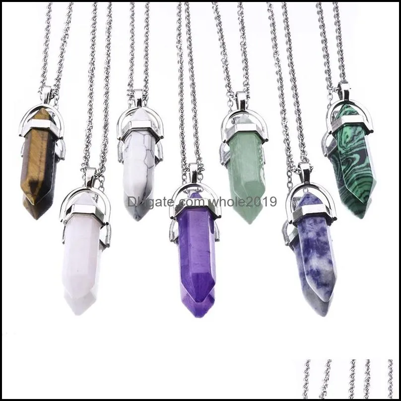 30colors bullet hexagonal crystal pink purple quartz natural stone pendant chakra druzy necklace with 50cm stainless steel chain