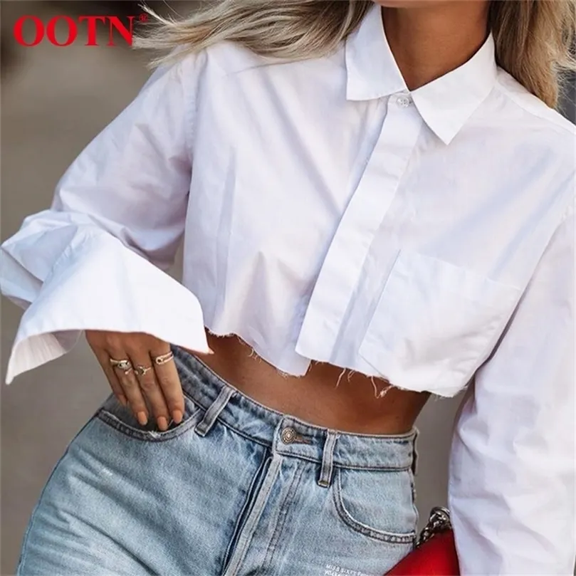 OOTN White Sexy Crop Top à manches longues Femmes Chemise chemisier Coton Solide Asymétrique Hem Casual Top Blouse Femme Blouse Bown Bown 210308