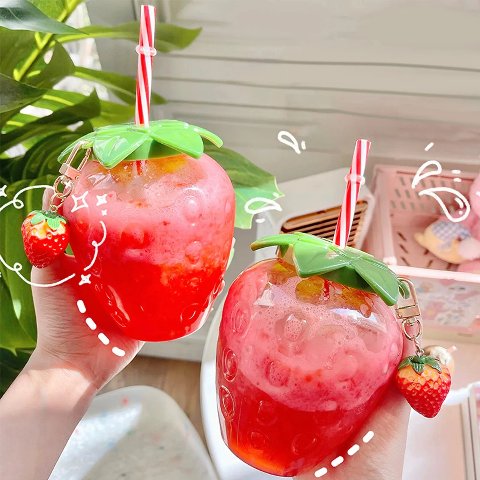 물병 500ml 여름 귀여운 딸기 밀짚 물병 만화 음식 등급 pp wide 응용 분유 커피 커피 컵 가정용 음주.