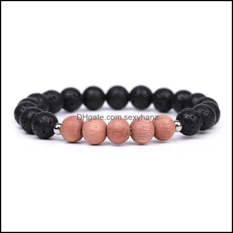 8mm natural lava stone wooden beaded strands charm bracelets elastic bangle for women men lover handmade jewelry