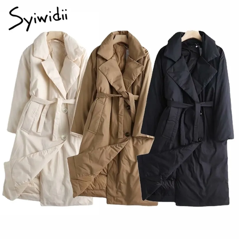 Syiwidii ​​Kvinna Long Parkas Cotton Casual Warm Fall Loose Clothing For Women Jacket Single Breasted Winter Coats With Belt 211215