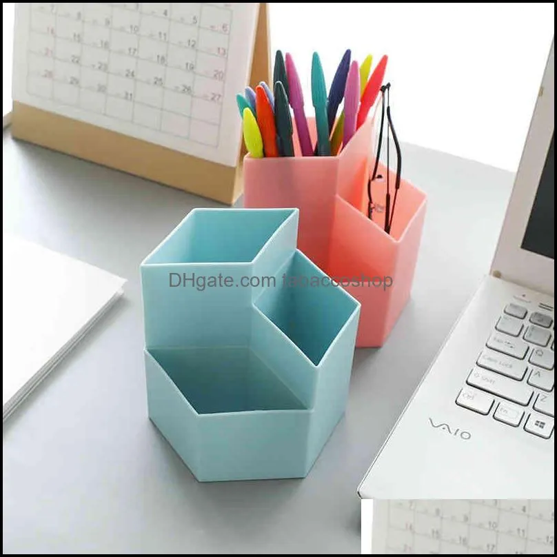 creative pencil organizer multi-function large capacity plastic hexagon desktop pen holder office school stationery cosmetic storage case box colorful