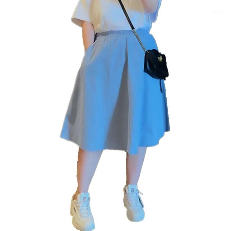 Sommarhöstens bomullskjol för kvinnor plus storlek Mid Long High midja veckad svartblå khaki casual kjolar
