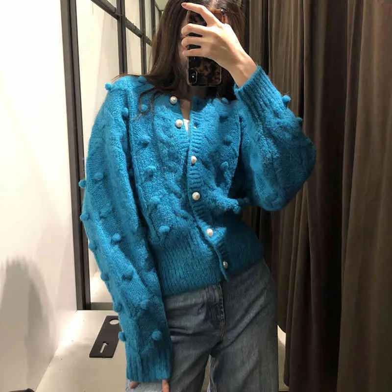 Costume Jewelry Pearl Button Twisted Ball Knit Jacket Fashion Sky Blue Chic Lady Elegant Sweater Cardigan 210521