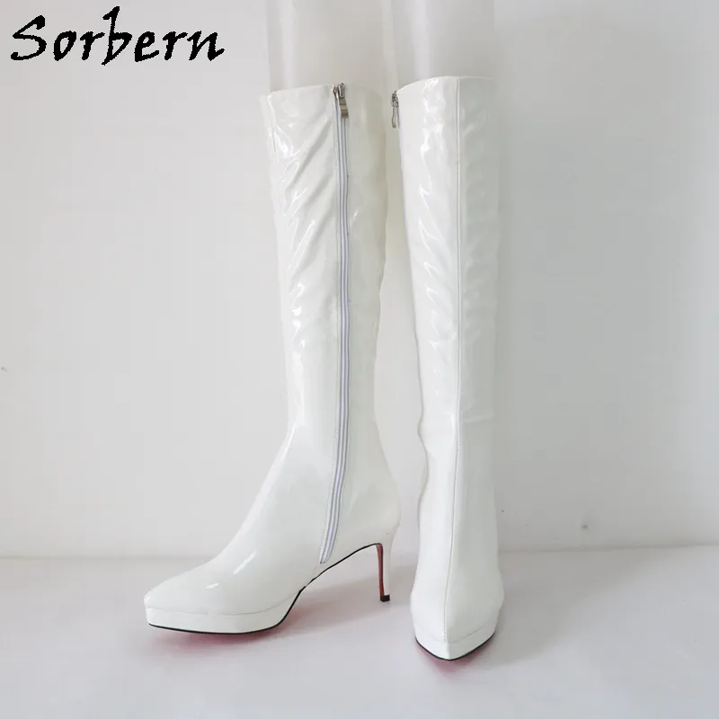 Sorbern White Shiny Knee High 70s Boots With Pointed Toe And