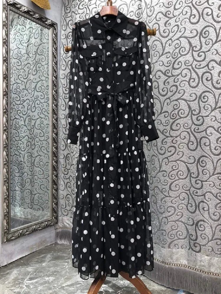 Casual Dresses Long Sleeve Maxi Dress 2022 Spring Summer Clothes Women Turn-Down Collar Polka Dot Prints Chest Pocket Black Dresscasual