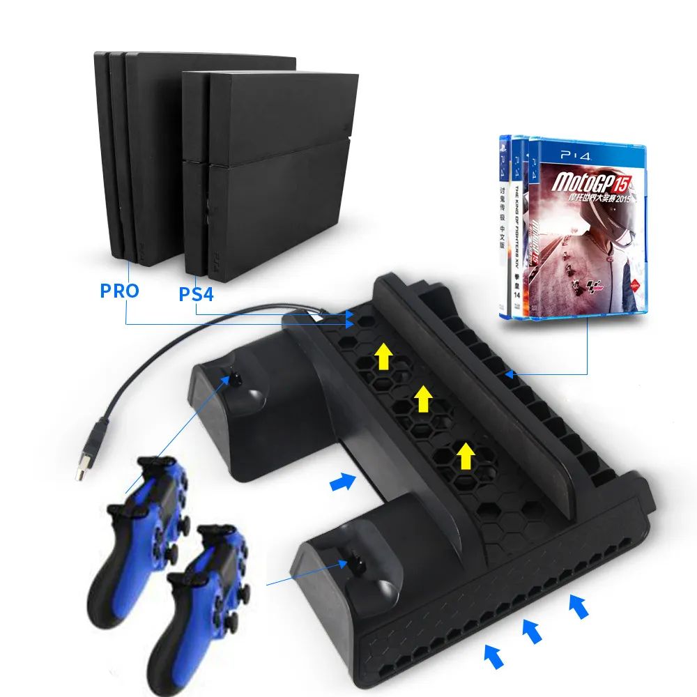 Multifunktion Vertikal stativ Kylfläktskivans lagringstorn Controller Charger Stand Holder för PS4 Slim / PS4 / Pro