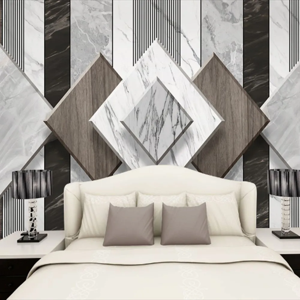 European style white marble grain wood grain TV sofa background wall painting 3d photo wallpaper papel