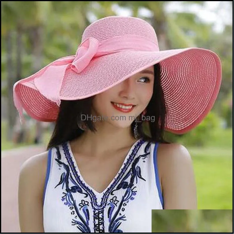 summer women beach straw hat breathable sun hat lady fashion wide brim straw hats outdoor travel foldable bow tie hats 11 colors