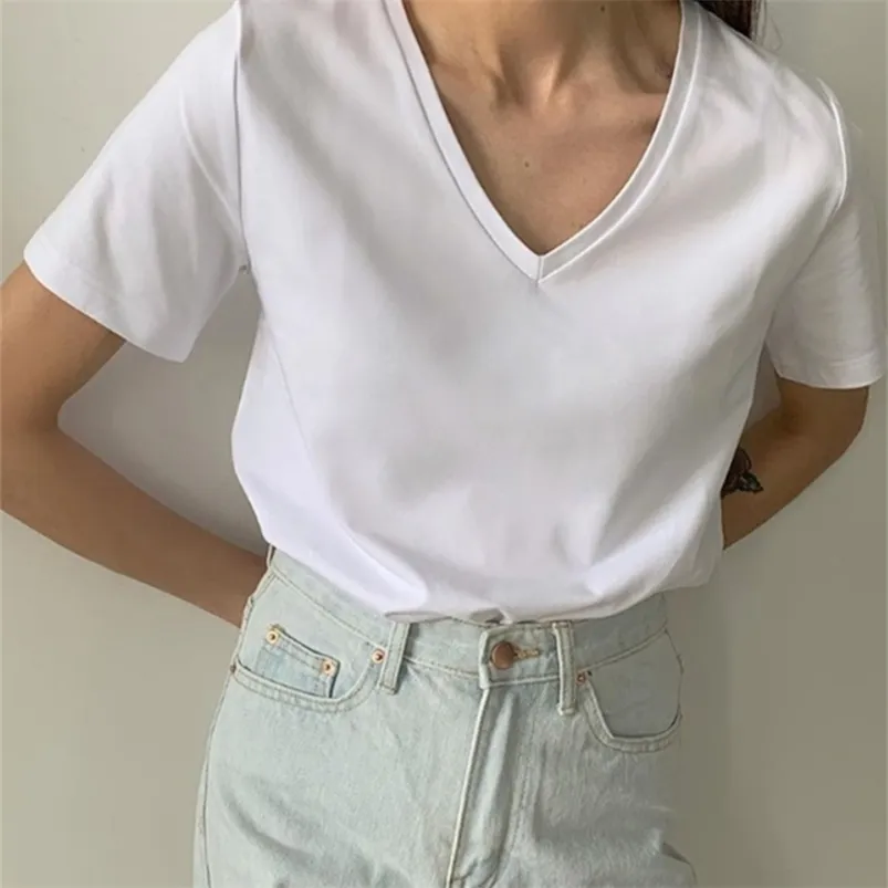 Wotwoy Summer Casual Solid V-hals T-shirt Kvinnor Stickad Cotton Basic Short Sleeve Tops Female Soft White Tee Shirt Harajuku 220525