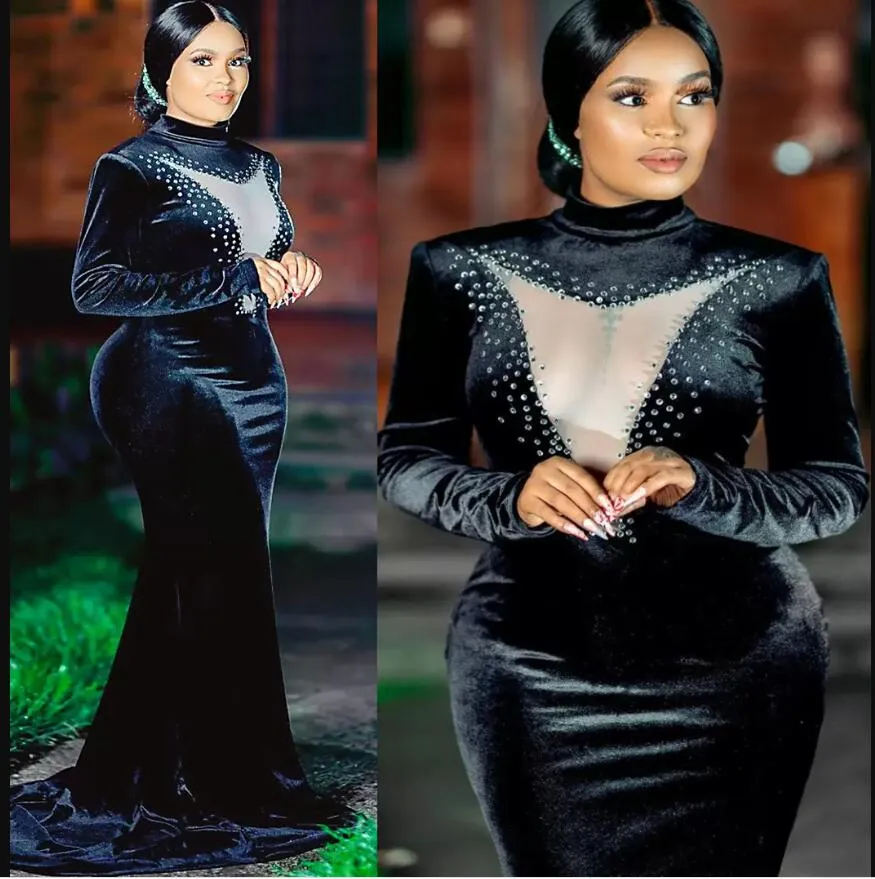 Afrikansk plus size svart sjöjungfrun prom klänningar lång sammet illusion veck golvlängd formell aftonklänningar förlovning födelsedagsfest klänning vestidos de fiesta