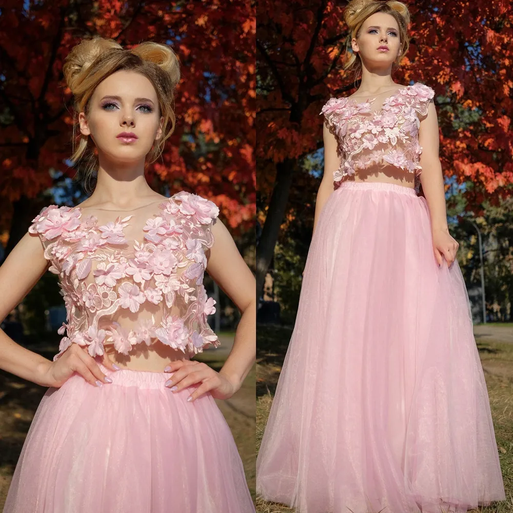 2022 Zweiteilige rosa 3D-Blumenapplikationen Ballkleider Sexy Illusionsoberteil ohne BH U-Ausschnitt langer Tüllrock Mädchen Sweet 16 Kleid besondere Anlässe Party Abendkleider