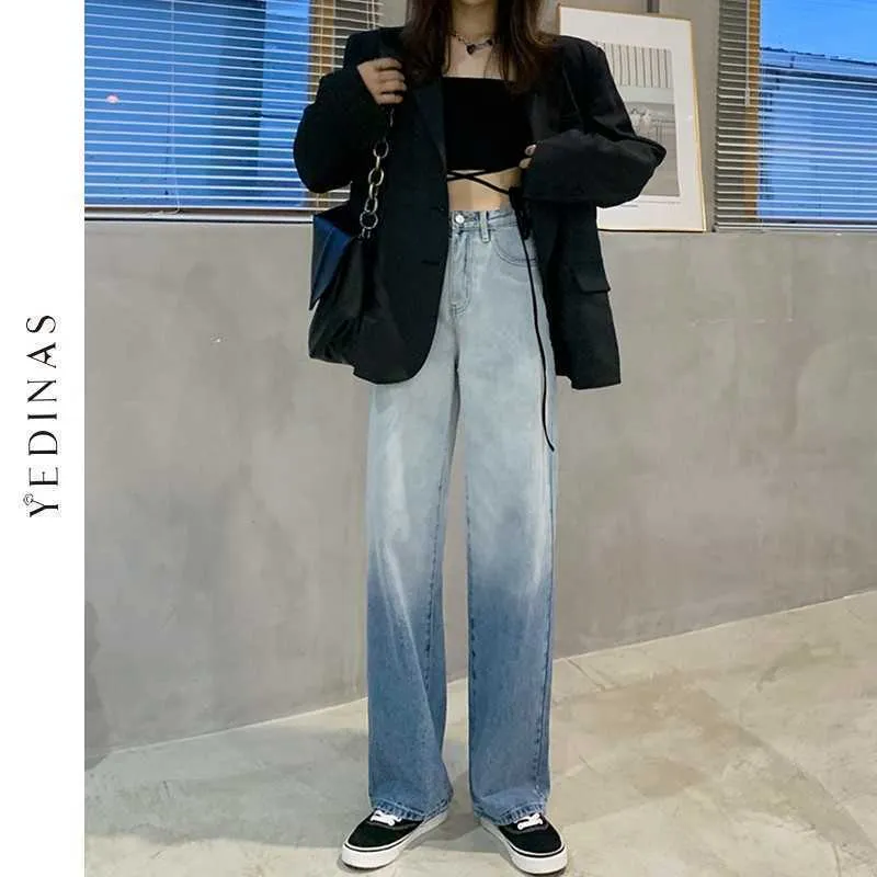 Yedinas Kobiety dżinsy luźne spodnie z szerokiej talii w stylu koreański w stylu koreański allmatch harajuku prosty gradient spodni plus size 4xl 210527