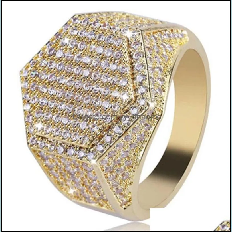 Hip Hop Cube Hexagon Ring Copper Gold Silver Color Plated Iced Out Micro Pave Cubic Zircon Ring for Men Women 260 J2