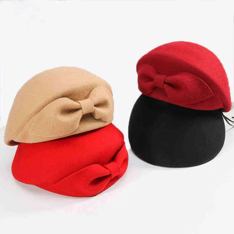 2019 Ladies Red Wedding Hat For Women Vintage 100 Wool Felt Bunker Hats Black Wizard Winter Fedora Bow Beret Church Hats J220722