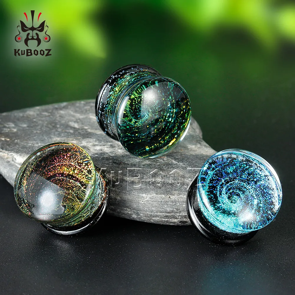 Kubooz hochwertige Glas-Ohrstöpsel im Milchstraßen-Design, Ohrring-Tunnel, Piercing-Messgeräte, Körperschmuck, Expander, ganze 6 mm bis 25 mm, 209I