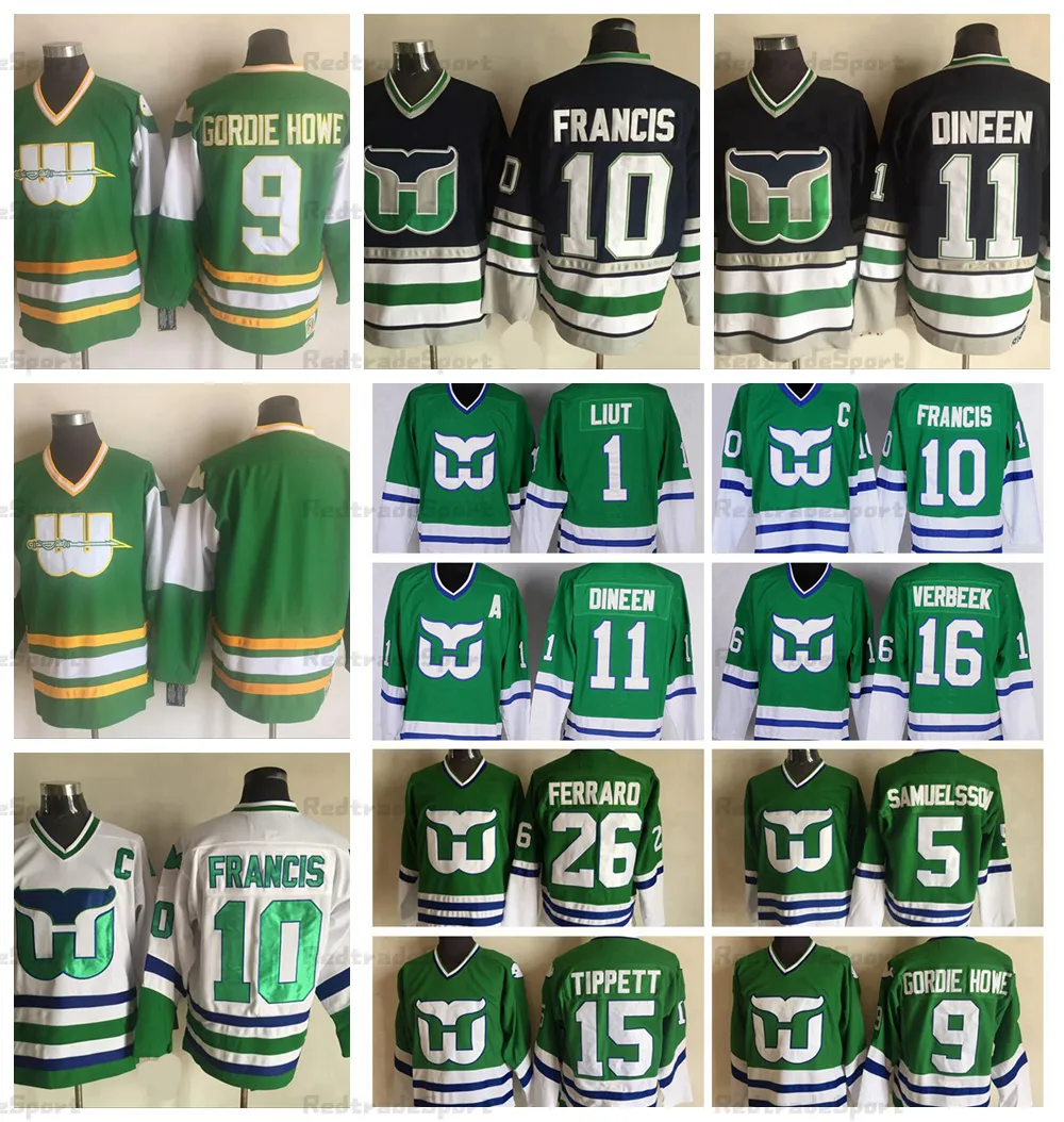 Mens Vintage Hartford Whalers 10 Ron Francis Hockey Jerseys 9 GORDIE HOWE 26 Ray Ferraro 5 Samuelsson 16 Pat Verbeek 11 Kevin Dineen 1 Mike Liut 15 DAVE TIPPETT Jersey