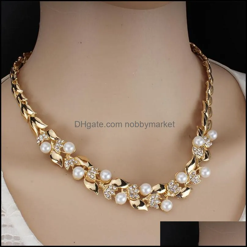 Imitation Pearl Necklace Earrings Dubai Wedding Jewelry Set for Women Dresses Accessories Gold Colors