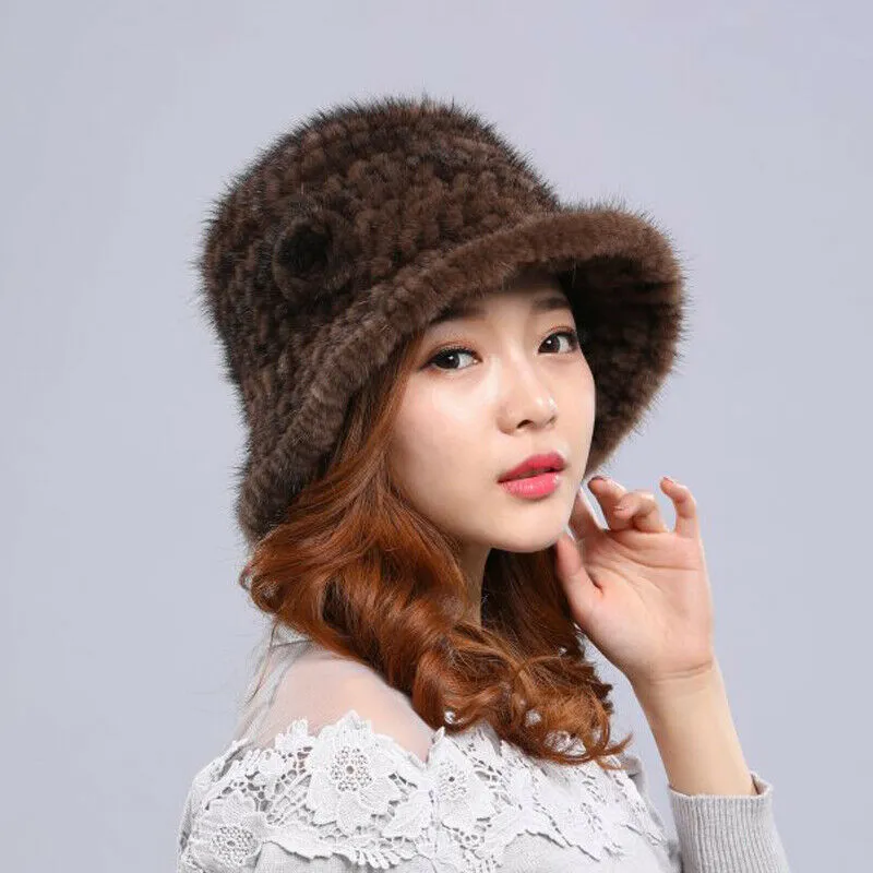 Kürk kapağı kadın gerçek vizon kürk şapka geniş ağzı örgü gül kış sıcak kahverengi siyah