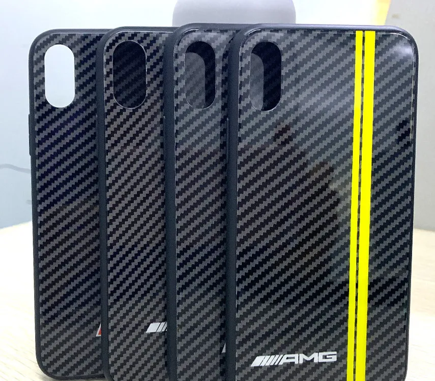 Coque en verre trempé en fibre de carbone Logo de luxe pour iPhone 6 7 8 11 12 13 PRO Max XS AMG Car logo Coque de téléphone mobile