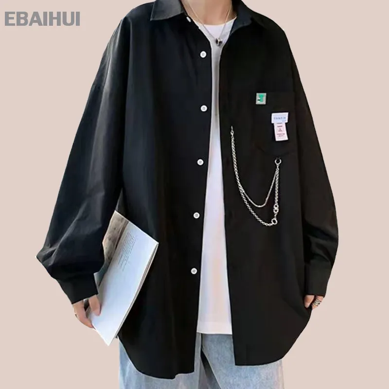 Ebaihui Heren Shirt Ketting Hanger Design Lange Mouwen Top Japanse Effen Kleur Paar Cardigan Losse Casual Ruffian Knap