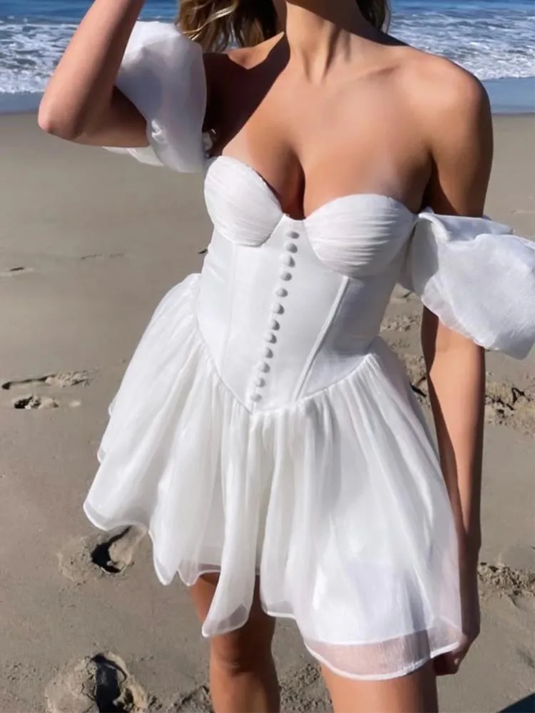 Повседневные платья 2022 Женщины моды белое корсеевое сексуальное платье винтажное рукав элегантный дамский принцесса Мини -фигурист