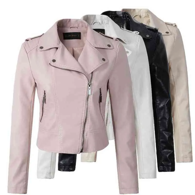 Marka Motosiklet Pu Deri Ceket Kadın Kış ve Sonbahar Yeni Moda Kat 4 Renkli Fermuar Dış Giyim Ceket 2021 Sıcak L220728