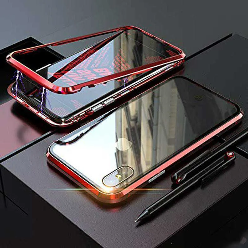 Ultra Slim Magnetic Adsorption Case Metal Frame Front and Back Tempered Glass Full Body Protective Case for Iphone XS Max XR 8 7