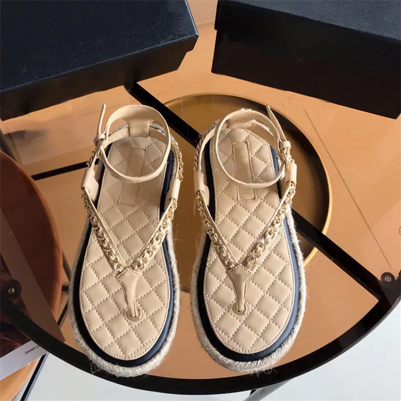 Holiday Flip Flops Fishermans Straw Woven Shoes Sandals Sheepskin Surface With Rubber Flat Bottomed Women Shoes Original high-end packaging