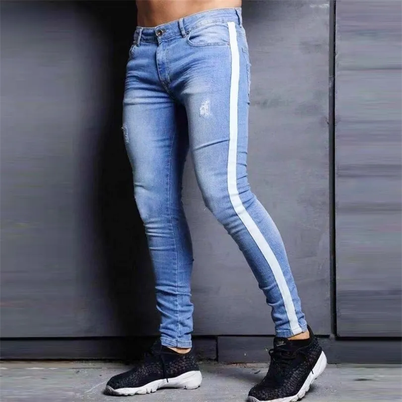 Jeans skinny pour hommes Distressed Stretch Jeans Bleu Ripped Skinny Jeans Homme Slim Fit Dropshipping Supply Tape Design T200614