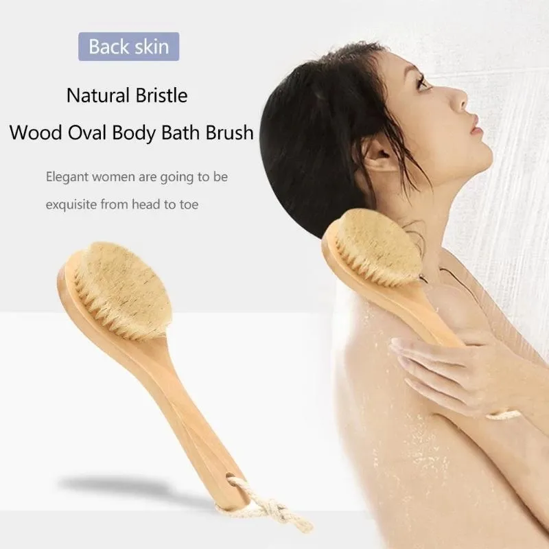 Långt handtag trä spa kropp borste naturlig borst borste duschbad bakmassage rengöring borstar badrumstillbehör