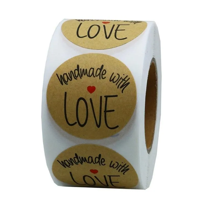 Emballage cadeau rond en papier kraft fait à la main avec amour 1 pouce étiquettes auto-adhésives pour produits cuits à la main et fête scellée Merci StickerGift