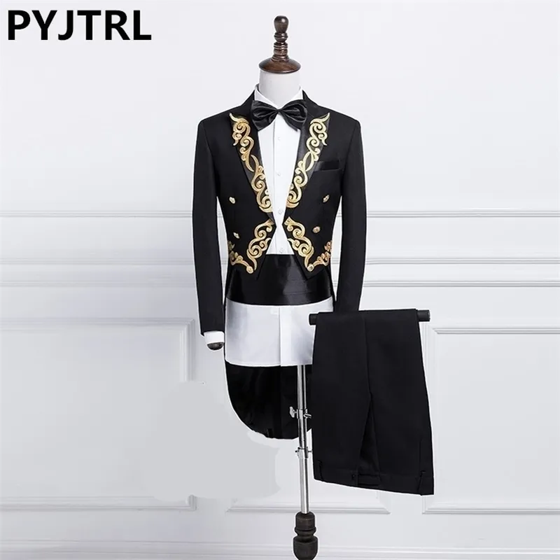 pyjtrl 남성 금 은은은 자수 옷깃 꼬리 코트 무대 가수 신랑의 의상을위한 검은 흰색 웨딩 턱시도 Homme 20106