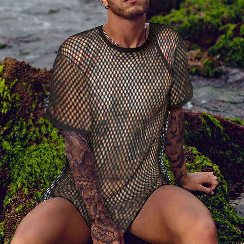 Black Sexy Fishnet See Through T Shirt Men 2022 Brand Short Sleeve Muscle Workout T Shirt Men Mesh Transparent Tee Shirt Homme L220704