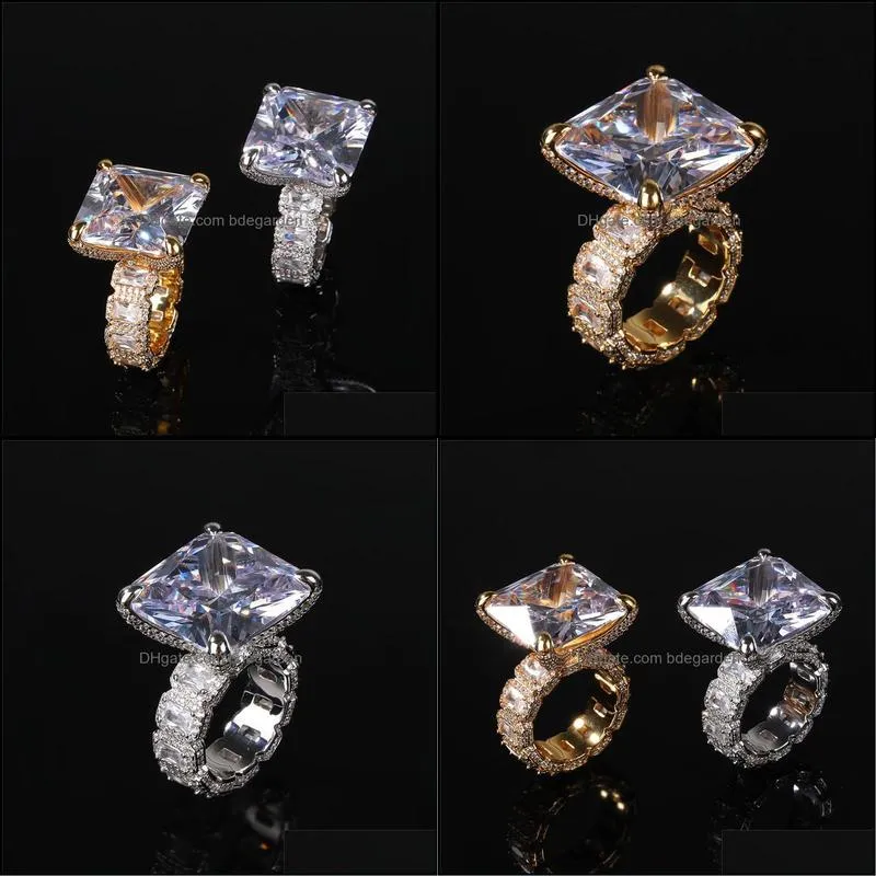 Europe and America Men Women Ring Yellow Gold Plated Bling Ice Out Big Diamond CZ Stone Ring for Men Women Nice Jewelry
