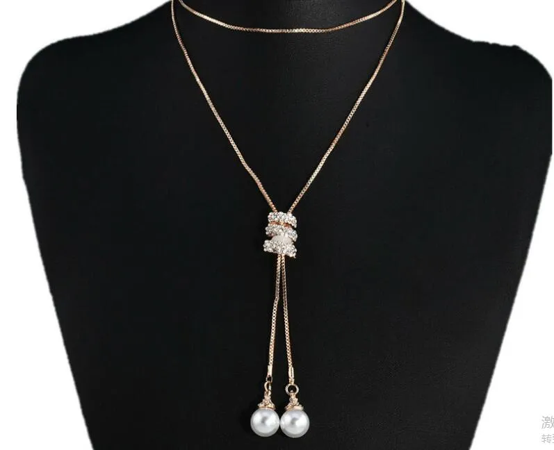 Moda metallo lungo nappa strass cristallo perla catena collana maglione patry collana gioielli GC862
