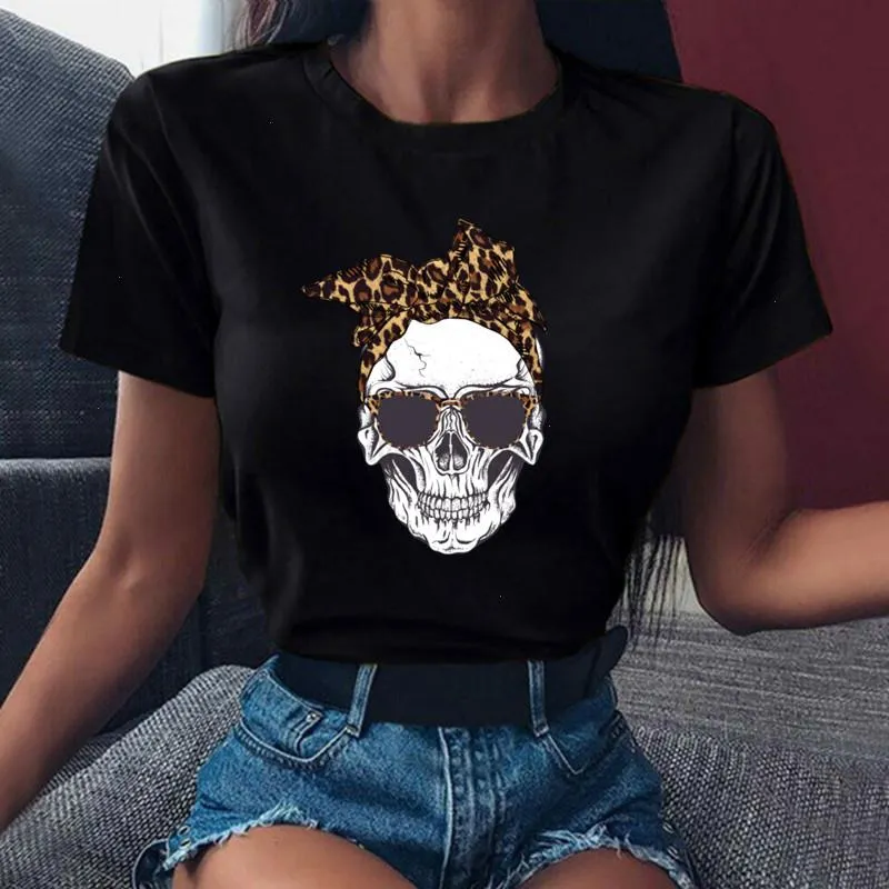 Womens Harajuku Skull Deer Camouflage Tops Burlap Turban T-shirt Girl Short Sleeve Graphic Drop Ship