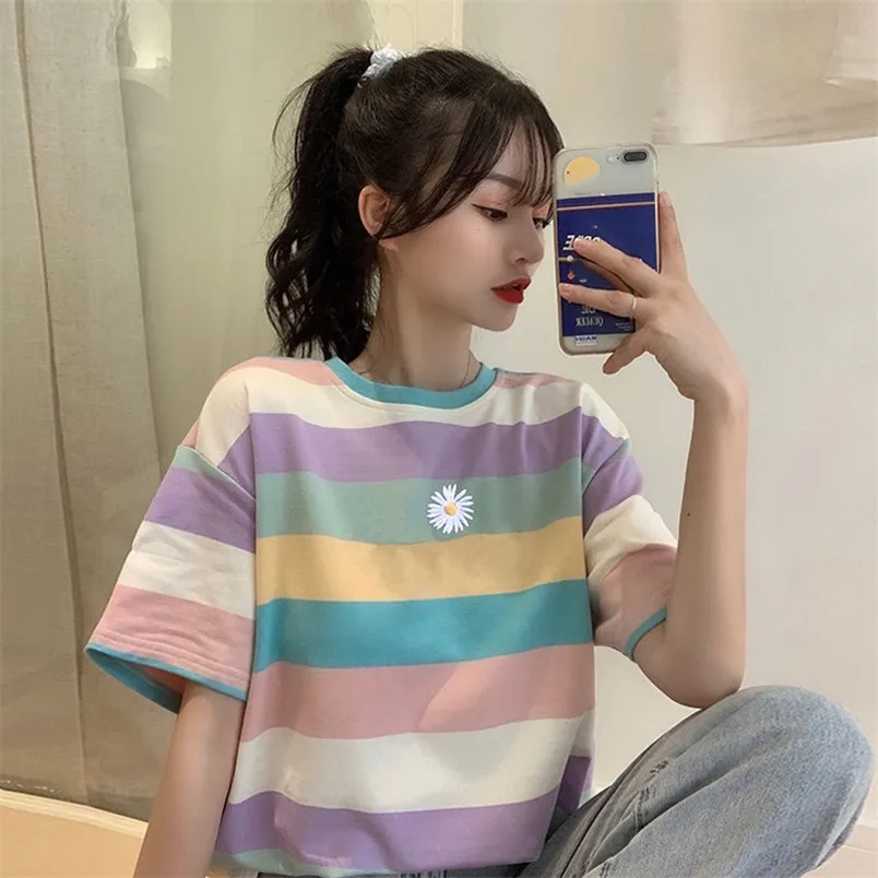 Kobieta Tshirts Rainbow Striped krótkie rękodzie