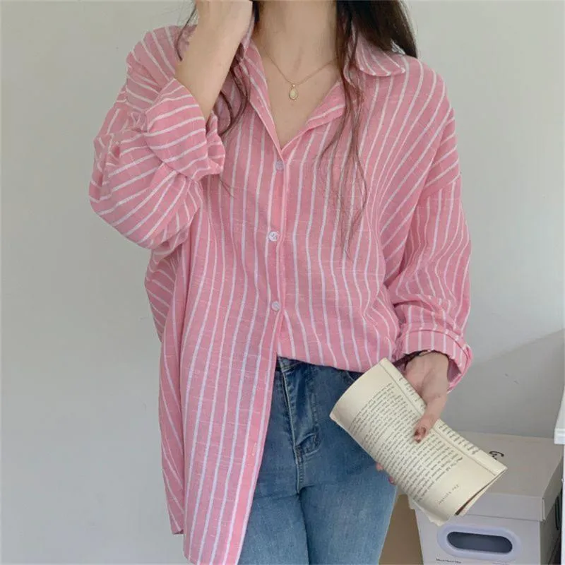 Kvinnors blusar skjortor främmande kitty rosa ränder skjorta lapel full ärm 2022 kvinnor sommar mode lös kontor lady slim casual all match