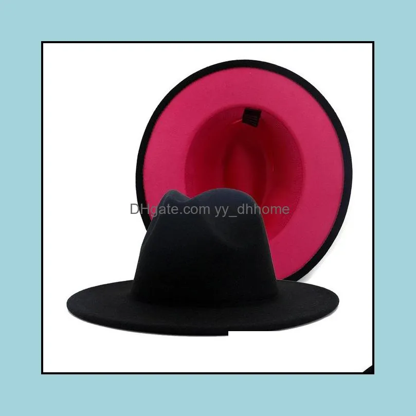 Black Hot Pink Double-Sided Color Matching Woolen Felt Hat Black Felt Band Decor Women Men Flat Brim Panama Fedora Hats