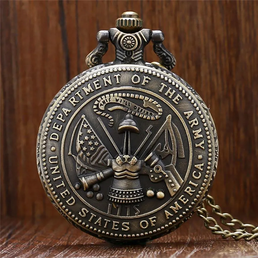 Retro Bronze United States Army Department Pocket Watch Vintage Quartz Analoga militära klockor med halsbandskedjan Gift294C