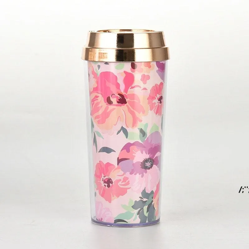 Canecas 450ml Flores reutilizáveis ​​Tumbler Plastic Isoled Cup Bottle Bottle Drinks Coffee Copes Copos By Sea JLE14188