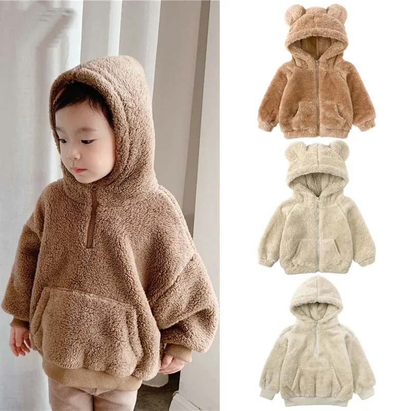 New Little Kids Girls Clothes Coat Winter Hoodies Bear Jacket Thick Velvet Top Sweatshirt Toddler Boys Children's Outfits