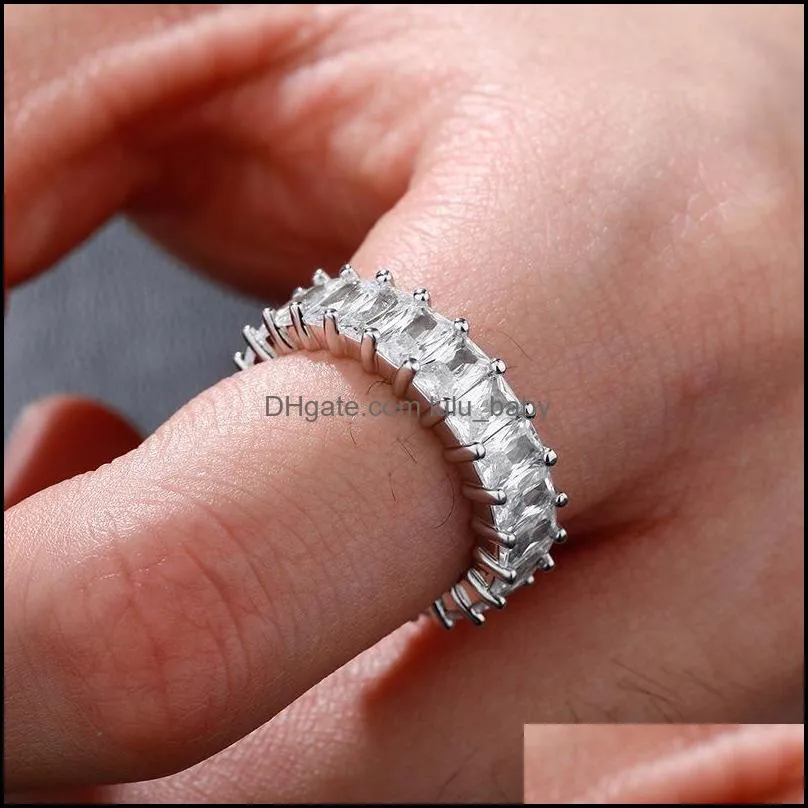 Hip Hop Rock Bling Iced Out 1 Row Square Cubic Zirconia Ring Tennis Chain Rings Women Men CZ Zircon Jewelry