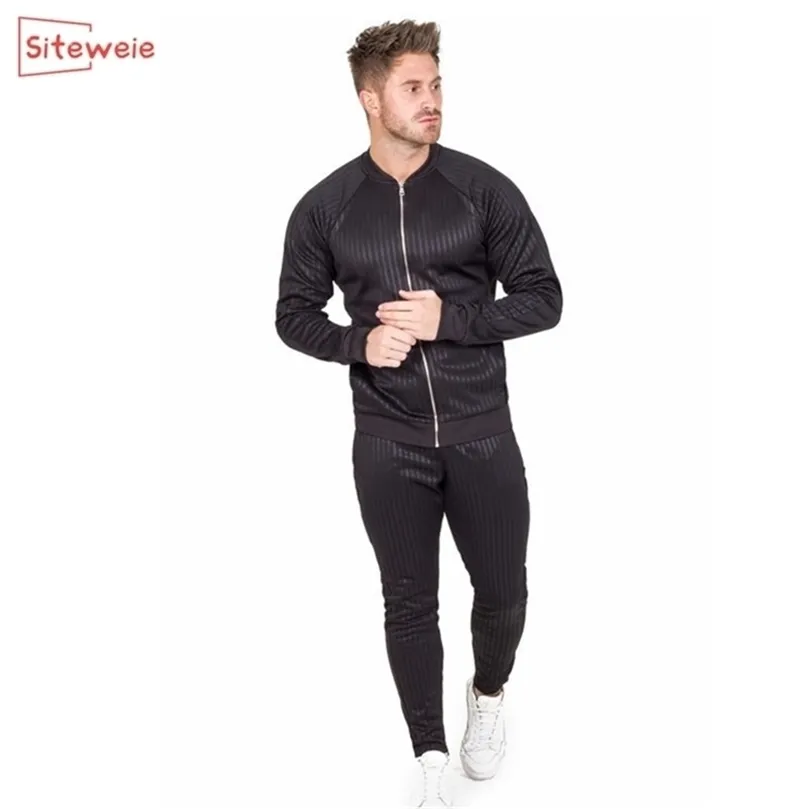 SITEWEIE Muscle Fitness Men Clothing Set Stripe Sports Suits Casual Outfits Mens Joggers 2 Piece Set Balck Tracksuit G432 201210