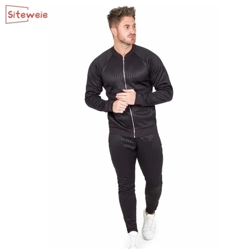 SITEWEIE Muscle Fitness Hommes Vêtements Ensemble Stripe Sports Costumes Tenues Décontractées Hommes Joggers 2 Pièces Ensemble Balck Survêtement G432 201210