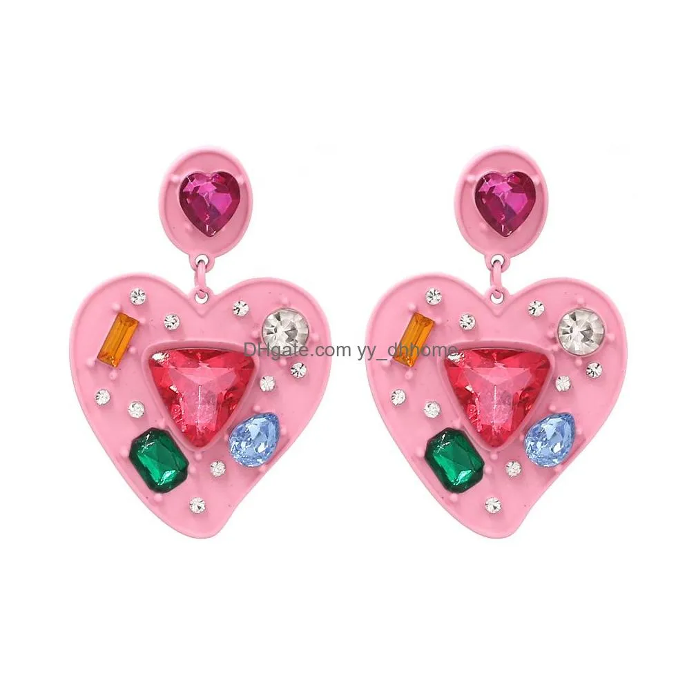 fashion jewelry peach heart dangle earrings colorful crystal rhinstone elegant stud earring
