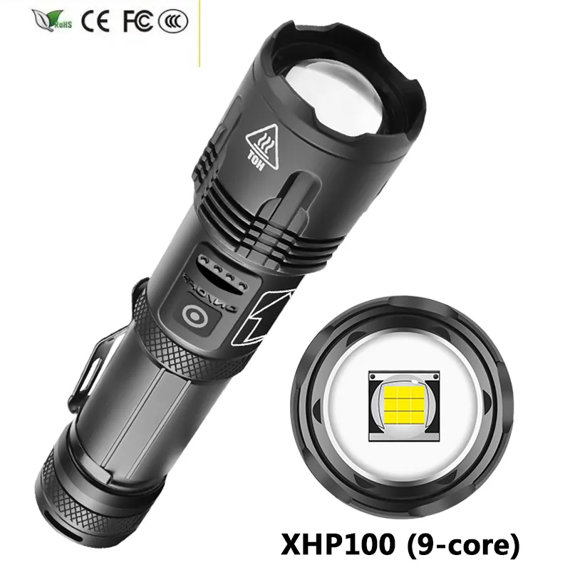 Ultra Bright XHP100 9 Cell LED Flashlight With 3 Modes, USB